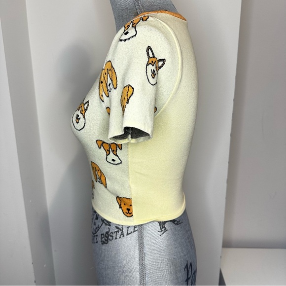 Dreamers by Debut Preppy Dog Pattern Cropped Knit Short Sleeve Shirt S/M - Picture 4 of 8